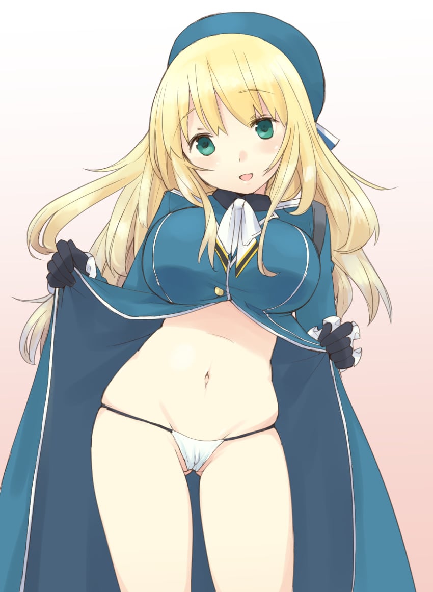 atago_(kantai_collection) black_gloves blonde_hair blush breasts chita female gloves green_eyes hat highres kantai_collection large_breasts long_hair looking_at_viewer military military_uniform navel panties partially_visible_vulva personification smile solo underwear uniform white_panties