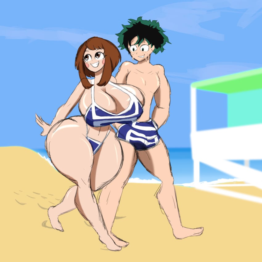 1boy 1girls beach beach_background big_ass big_breasts bikini bikini_bottom bikini_top breasts breasts_bigger_than_head brown_eyes brown_hair bulge bulge_through_clothing canon_couple chubby_female cleavage curvaceous curvy curvy_body curvy_female curvy_figure curvy_hips deku doctordongass doctordrawnass erect_penis green_eyes green_hair izuku_midoriya looking_at_breasts muscular_male my_hero_academia ochako_uraraka swimming_trunks swimwear thick_thighs voluptuous