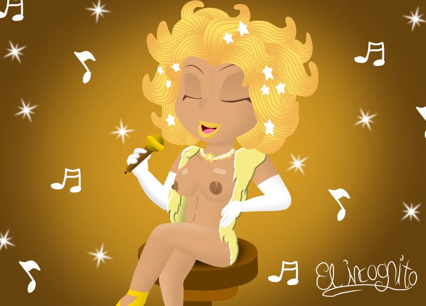 1girls blonde_hair boobs boobs_out breasts breasts_out brown_body brown_nipples brown_skin closed_eyes curly_hair disney disney_channel el_incognito_(artist) leona_(star_darlings) naked_female singing skinned_female star_darlings tits tits_out white_gloves yellow_background yellow_hair yellow_lips yellow_microphone yellow_necklace yellow_shoes