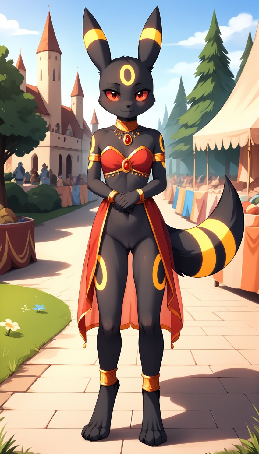 1girls 2025 ai_generated anthro black_fur bottomless bottomless_female dancer digitigrade eeveelution female female_only generation_2_pokemon gold_jewelry hi_res innie_pussy jewelry looking_at_viewer nintendo outdoors pokemon pokemon_(species) pussy red_eyes smile umbreon