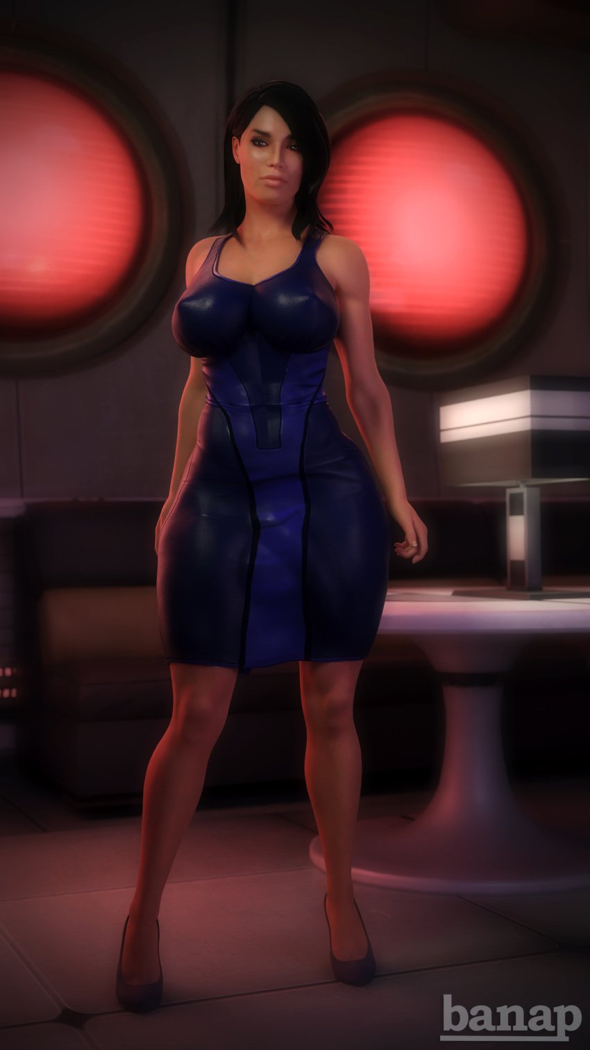 1futa 3d ashley_williams banap big_breasts black_hair blue_dress breasts bulge bulge_through_clothing dress erect_nipples futa_only futanari long_hair mass_effect nipple_bulge solo solo_futa standing subtle_penis