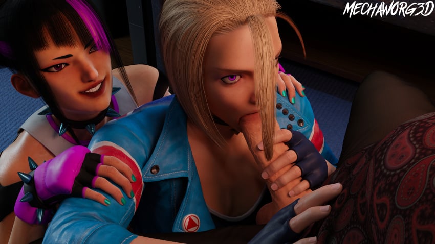 1boy 2girls 8k absurd_res alternate_version_available black_hair blender blonde_hair blowjob cammy_white defeated_heroine dyed_hair erect_penis erection hi_res holding_head juri_han male mechaworg3d mind_control painted_nails penis purple_eyes street_fighter street_fighter_6 tagme