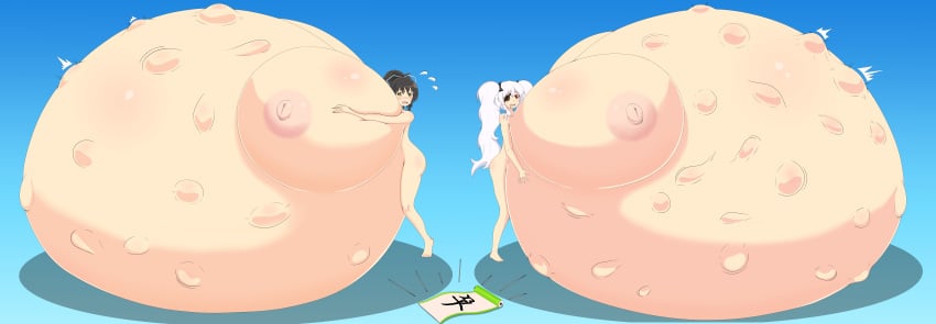 2girls alternate_breast_size areolae ass asuka_(senran_kagura) belly_bigger_than_body belly_on_ground black_hair blue_background blush breasts_bigger_than_head breasts_bigger_than_torso brown_eyes completely_nude completely_nude_female deep_skin drooling eyepatch female female_focus fetal_movement gigantic_belly gigantic_breasts hyper hyper_belly hyper_breasts hyper_pregnancy long_hair nipples nude nude_female panic pregnant pregnant_female ready_to_pop round_belly scroll senran_kagura short_hair simple_background spontaneous_pregnancy timaeus twintails white_hair yagyuu_(senran_kagura)