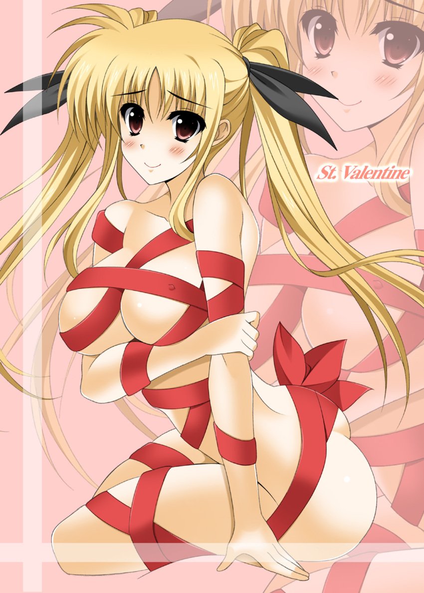 blonde_hair breasts fate_testarossa female highres long_hair lyrical_nanoha mahou_shoujo_lyrical_nanoha_strikers naked_ribbon oda_ken'ichi red_eyes ribbon solo