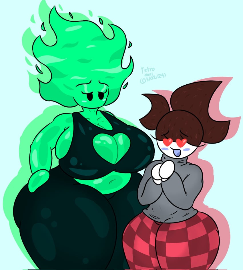 1boy 1boy1girl 1girls 2024 belly belly_button big_breasts boob_window breasts checkered_pants chubby_female elemental_creature f'lata_flare_(minusbrush) femboy green_body grey_sweater heart_eyes lucas_(lucasberrylol) retrodoxl sideboob sweatpants tagme thick_thighs