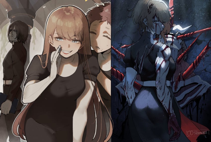 1boy 2girls aged_down blood blood_on_face bloodlight_(nyantcha) breasts commentary demon gloves grin highres injury long_hair looking_at_viewer multiple_girls no_text_version nun original pixie_cut smile smiling smiling_at_viewer teeth thiccwithaq toned tonia_(thiccwithaq) torn_clothes white_gloves