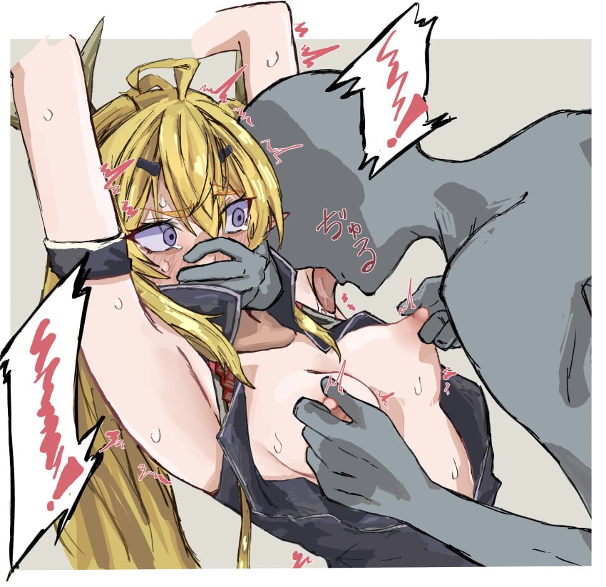 1girls arknights armpit_fetish artist_request breasts breasts_out faceless_male female hand_over_mouth leizi_(arknights) licking_armpit nipple_tweak no_bra scared_expression tears