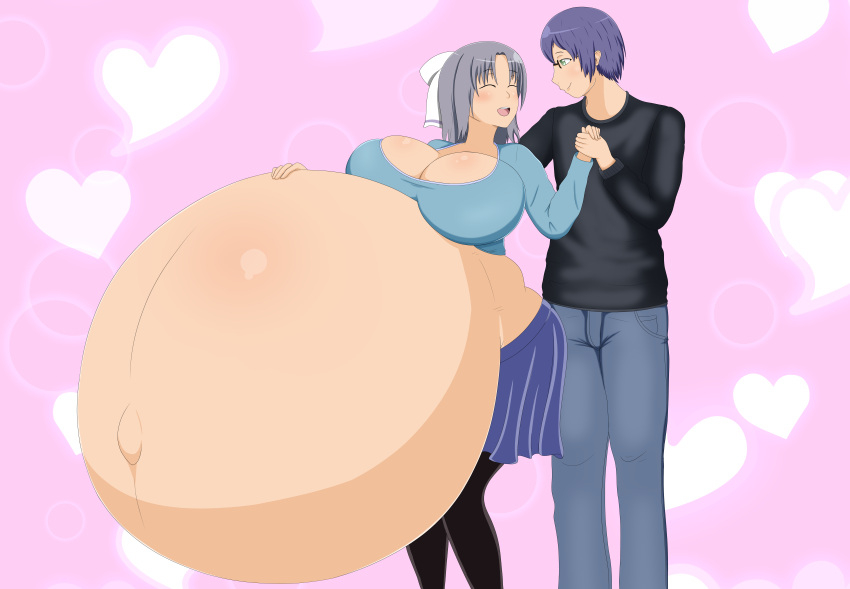 1boy 1girls belly belly_bigger_than_body black_shirt bloated_belly blue_shirt blue_skirt blush blush breasts closed_eyes clothed clothing grey_hair hair_ribbon hand_on_belly hand_on_own_belly heart heart_background heart_symbol holding_hands huge_breasts hyper_belly hyper_pregnancy large_breasts legwear original_character pants pink_background pregnant pregnant_female ribbon round_belly senran_kagura shirt short_hair simple_background skindentation skirt standing timaeus yumi_(senran_kagura)