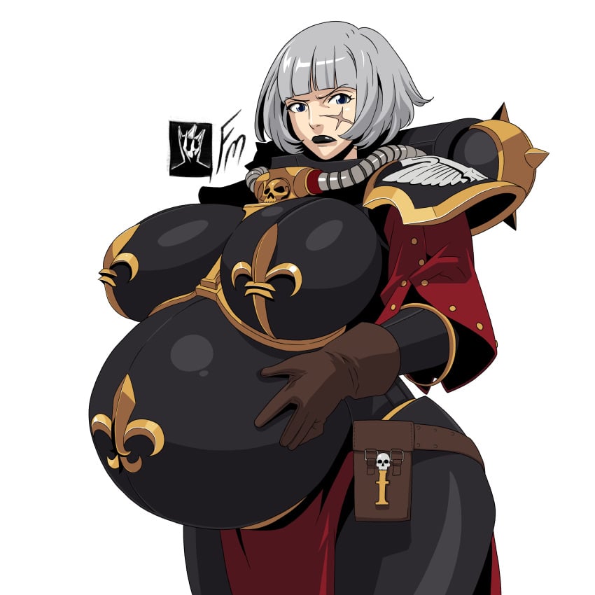 1girls adepta_sororitas alternate_version_available angry armor belly big_belly big_breasts black_lipstick blue_eyes bob_cut breasts cowboy_shot female female_only fungus-man gloves hand_on_stomach huge_breasts impossible_clothes light-skinned_female light_skin lips looking_at_viewer mature_female power_armor pregnant ready_to_pop scar scar_on_face short_hair sister_of_battle soldier solo solo_female standing warhammer_(franchise) warhammer_40k white_hair