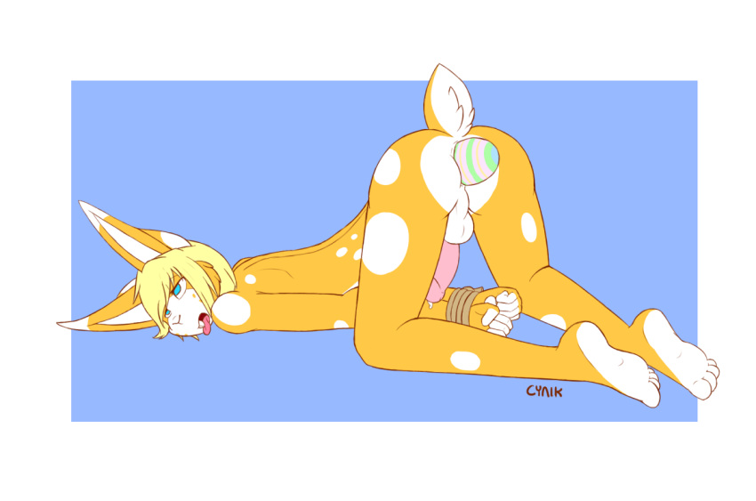 anthro balls blonde_hair cum cynik egg erection freckles fur furry hair hindpaw lagomorph lapine male male_only mammal paws penis rabbit raised_tail rope solo tongue