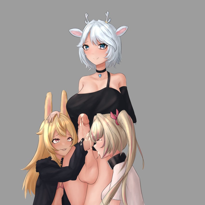 1futa 2girls antlers balls big_breasts bottomless bunnyfaqer cum cum_on_face female futa_on_female futanari hakushika_iori handjob large_breasts light-skinned_female light-skinned_futanari light_skin penis phase_connect phase_origins pipkin_pippa rinkou_ashelia testicles wide_hips