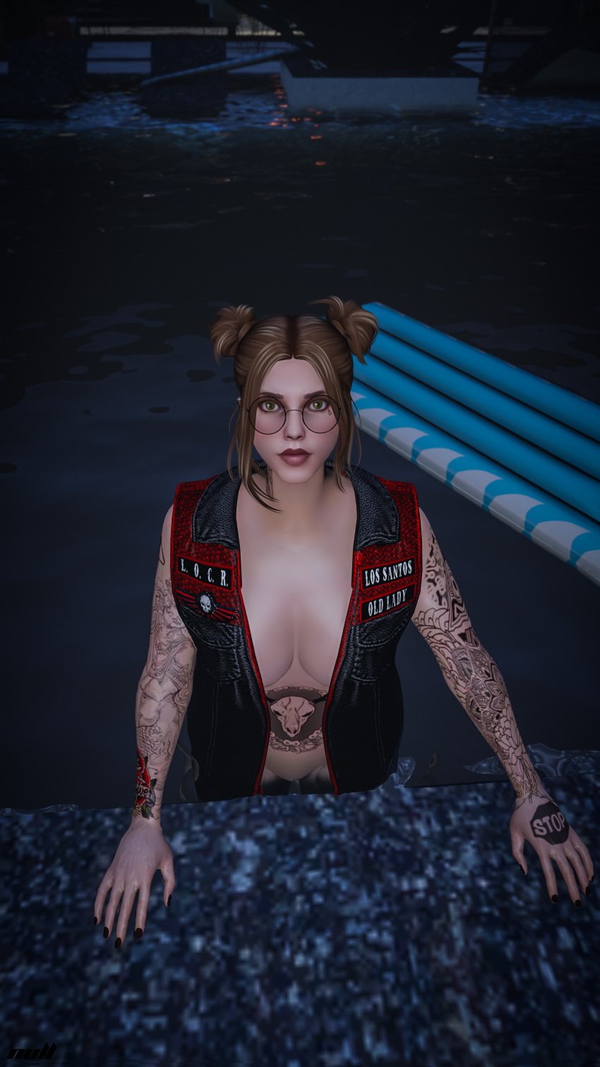 1girls amelia_waters ass ass blue_eyes breasts breasts breasts brown_hair female glasses grand_theft_auto grand_theft_auto_online grand_theft_auto_v hair_bun jacket jacket_open legs naked naked_female nipples nopixel nude nude_female nullinvoid pool poolside pussy standing tattoo tattoo_on_arm tattoo_on_belly tattoo_on_legs tattooed_arm tattoos thick_ass thick_lips thick_thighs thighs vagina