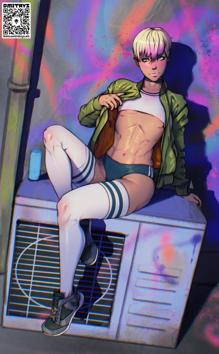 1boy blonde_hair buruma crop_top cropped_shirt dmitrys femboy femboy_only green_jacket looking_at_viewer peach_(dmitrys) shoes short_shorts sitting sneakers solo_femboy thighhighs toned_femboy toned_male