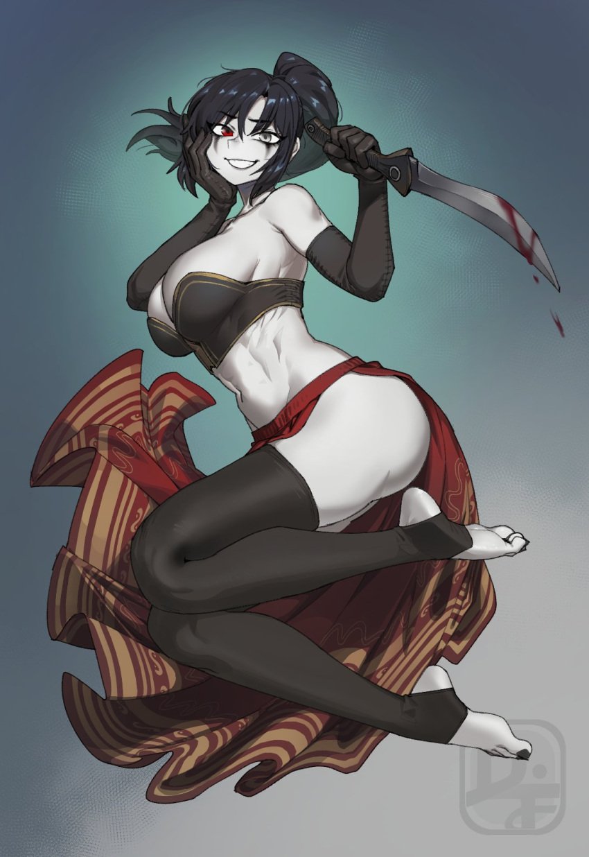 1girls black_hair black_nails black_toenail_polish black_toenails blind_eye clothed dark_souls difman feet female from_software hand_on_face jumping knife legs legwear long_sleeve_gloves mischievous_smile ponytail red_eyes rubedo_of_londor smile smiling stirrup_legwear white_skin