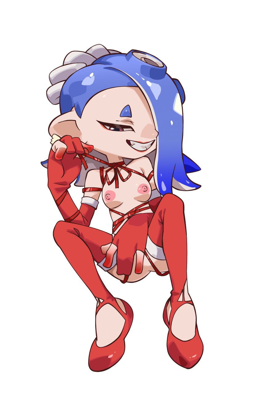 1girls arm_gloves blue_hair covering_crotch nipples niyuyu octoling octoling_girl ribboned_body ribbons shiver_(splatoon) shiver_hohojiro splatoon splatoon_(series) splatoon_3 tagme valentine's_day white_background