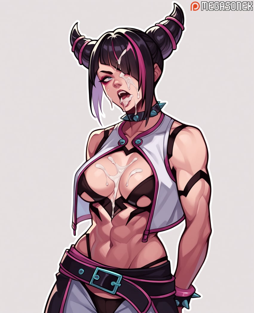 abs after_fellatio ai_generated arms_behind_back bangs belt black_belt black_hair black_panties blunt_bangs bracelet breasts chaps collar cum cum_in_mouth cum_on_body cum_on_breasts cum_on_tongue facial female grey_background hair_horns hair_over_one_eye highleg_panties jewelry juri_han juri_han medium_breasts megasonek multicolored_hair muscular muscular_female navel open_clothes open_mouth outline panties pants patreon_username simple_background solo spiked_bracelet spiked_choker spiked_collar spikes streaked_hair street_fighter tongue tongue_out two-tone_hair underwear vest watermark