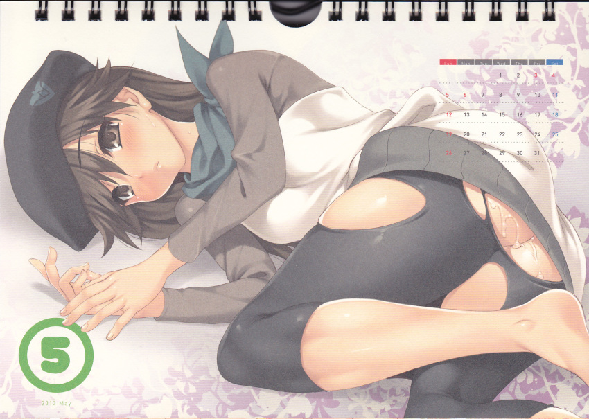 1girls bangs barefoot black_legwear blush breasts brown_eyes brown_hair calendar_(medium) calendar_pinup cle_masahiro clothing embarrassed feet female fingernails hair_between_eyes hands hat highres human leggings legs legs_bent light-skinned_female light_skin lips long_hair long_sleeves looking_at_viewer lying neon_genesis_evangelion on_side pussy_juice rebuild_of_evangelion sakura_suzuhara scan scarf shiny shiny_skin shirt simple_background skin_tight skindentation solo sweat thighs torn_clothes