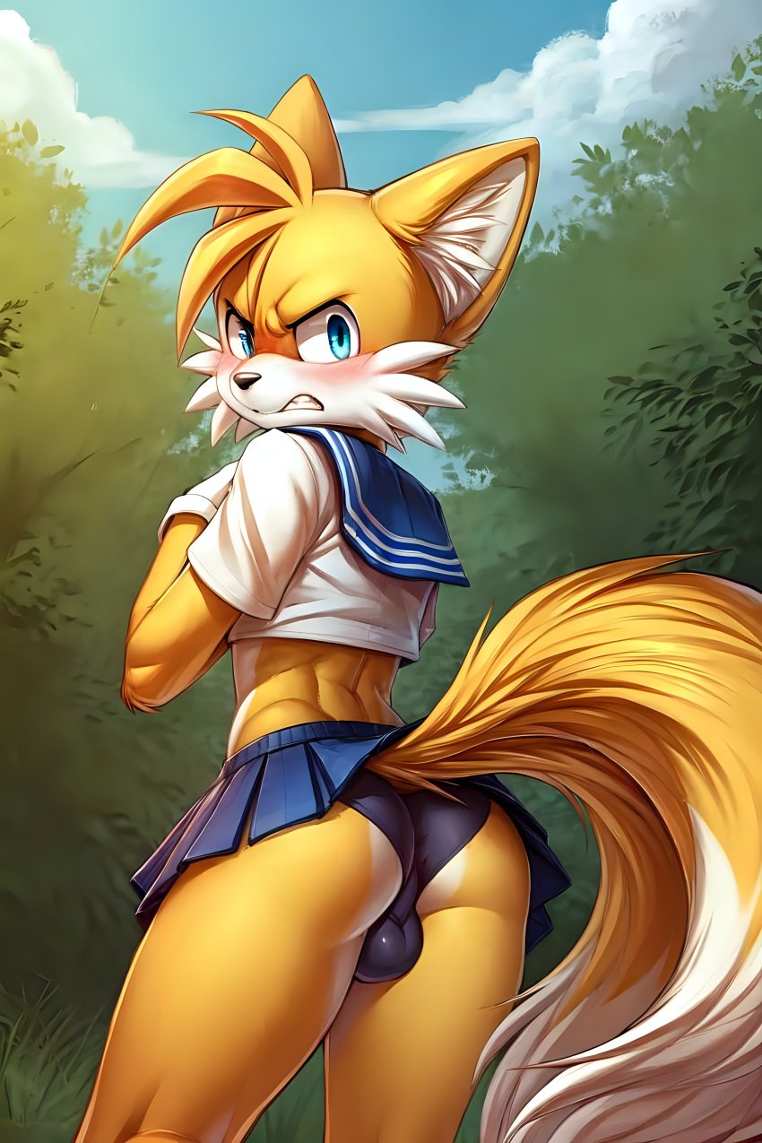 ai_generated angry anthro femboy fox frosting.ai male school_uniform sega solo_male sonic_(series) sonic_the_hedgehog_(series) tails tails_the_fox