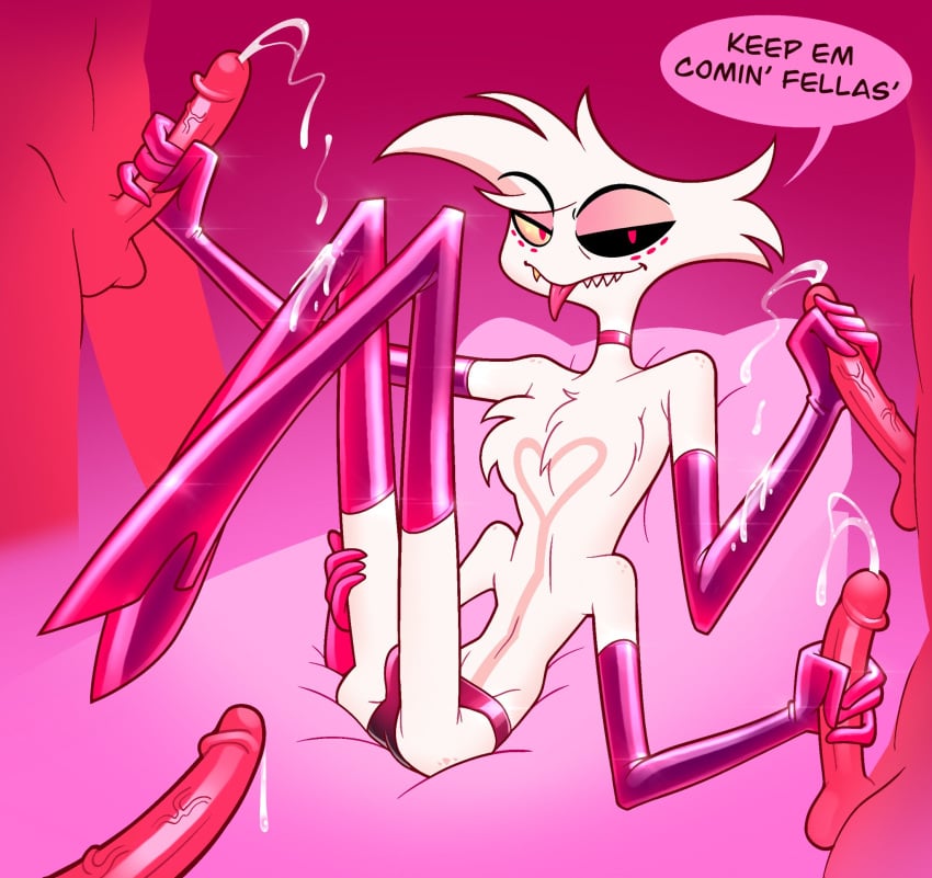 angel_dust_(hazbin_hotel) anthro bulge choker closed_mouth demon femboy fur gangbang gloves group handjob hazbin_hotel latex_gloves male male/male male_only multi_arm multi_limb penis pink_eyes sharp_teeth slimepith smile spider teeth tongue tongue_out white_fur yaoi yellow_sclera