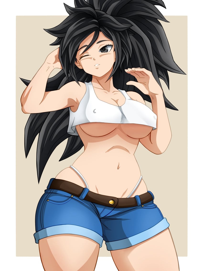 big_breasts black_eyes black_hair clothing colored commission dark_eyes dark_hair dragon_ball dragon_ball_gt dragon_ball_super dragon_ball_xenoverse dragon_ball_z eye_closed female female_focus female_only female_saiyan full_color girl half_body hand_on_head hands_up jeans_shorts long_hair necronox_art original_character panties ponytail saiyan saiyan_girl serena_(dragon_ball) shorts thick_thighs top white_background white_panties white_skin white_top