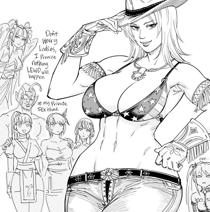 1boy 6girls absurd_res american_flag_bikini ayane_(doa) bb_(baalbuddy) bikini_top breasts characters_in_the_background cowboy_hat cowboy_outfit dead_or_alive female greyscale kasumi_(doa) lei_fang looking_at_viewer male monochrome smiling smiling_at_viewer tina_armstrong white_background zack_(dead_or_alive)