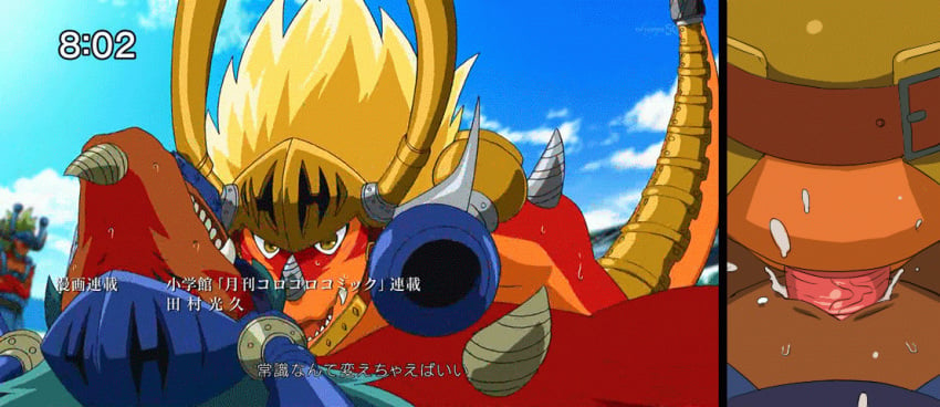 2014 2boys anal animated anthro armor belt biceps blonde_hair buddyfight cape clothes cum dragon drum_(buddyfight) edit fangs furry furry_only gay hair helmet looking_at_viewer male muscles orange_skin outdoors penis photoshop red_body red_dragon reptile scalie uncensored yellow_eyes