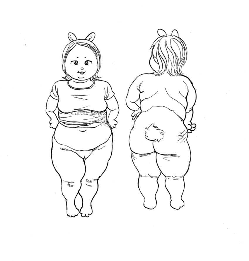 1p3p3nis absurd_res anthro ass bunny_(1p3p3nis) clothing fat_rolls female genitals hair hi_res lagomorph leporid mammal monochrome navel overweight pussy rabbit scut_tail shirt short_tail solo t-shirt tail topwear trans trans_man