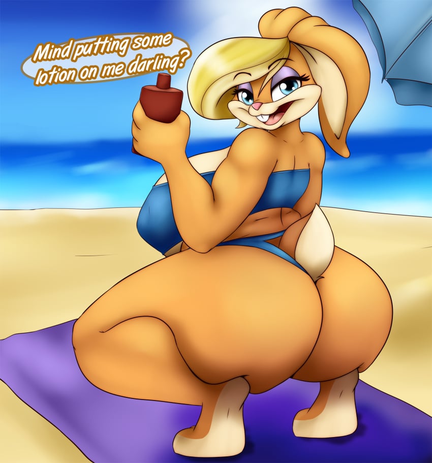 anthro ass beach big_breasts big_butt bikini bikini_thong breasts clothing crouching dialogue english_text female hi_res huge_breasts huge_butt lagomorph leporid looney_tunes mammal mature_female milf neronova patricia_bunny rabbit seaside solo swimwear text the_looney_tunes_show thong underwear warner_brothers