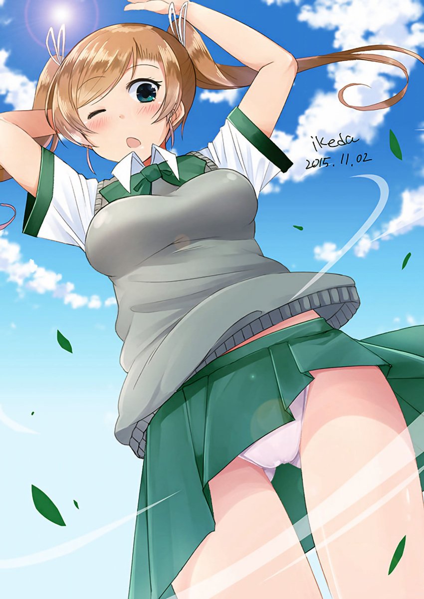 2015 ass_visible_under_skirt background blush blushing_female brown_hair brown_hair_female closed_eye cloud clouds cute cute_face cute_girl down_view eye_closed eye_open fat_boobs fat_breasts fat_tits green_eyes green_eyes_female green_skirt hand_on_head high_school_student ikeda leaf legs medium_boobs medium_breasts medium_hair medium_hair_female mouth_open nanase_(under_night_in-birth) open_eye open_mouth panties panties_visible_under_skirt pov pussy_visible_through_panties remastered school_girl school_uniform schoolgirl schoolgirl_uniform seifuku shiny_skin skirt skirt_up sky student student_life thick_legs thick_thighs thighs tied_hair twintails under_night_in-birth under_night_in-birth_2_sys:celes under_night_in-birth_exe:late[st] upscaled white_panties wind young young_female young_girl young_woman younger_female younger_woman