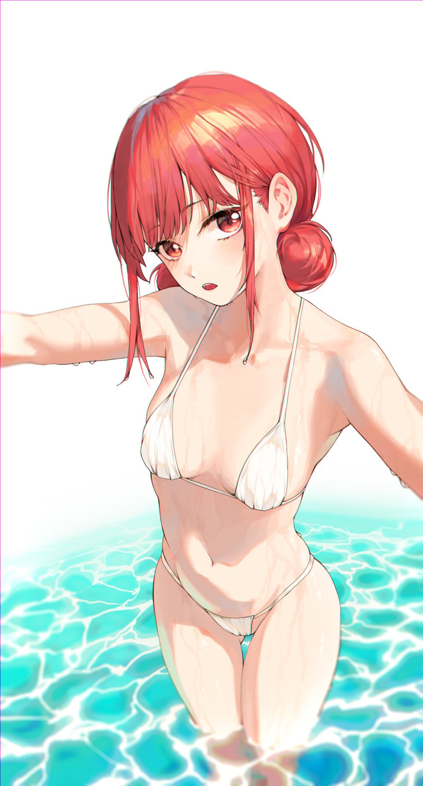 ao_no_hako ass_visible_through_thighs bare_arms bare_belly bare_legs bare_shoulders bare_thighs belly_button bikini blush breasts chono_hina cleavage collarbone medium_breasts medium_hair open_mouth outdoors red_eyes red_hair sideboob string_bikini thighs wading water wet_body white_bikini yohwa