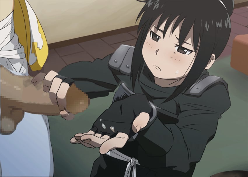 1boy 1girls animated black_hair blush brown_eyes censored clothed cum cum_in_hand cum_on_clothes dark-skinned_male edit erection female fingerless_gloves frown fullmetal_alchemist gif gloves hair handjob hands human ice ice_place lan_fan ling_yao male penis straight sweat sweatdrop testicles