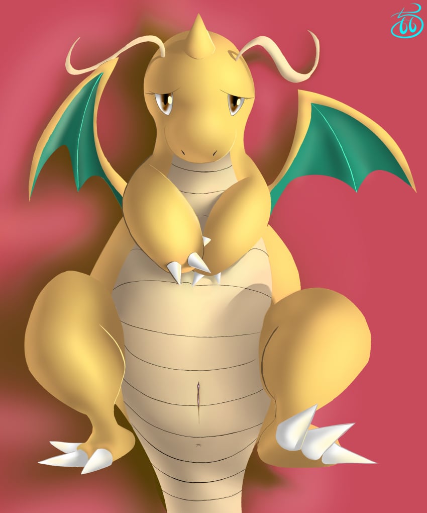 dragonite female looking_at_viewer lying nintendo on_back pcred566 plain_background pokemon pokemon_(species) pussy red_background smaller_version_at_the_source solo video_games