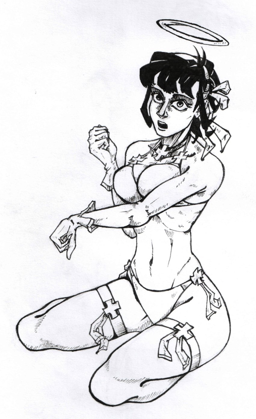 angel azazel_(helltaker) big_breasts black_and_white black_hair bow bra breasts gloves hairband halo helltaker neck_ribbon open_mouth panties panties_with_bow schnitzeltag shocked shocked_eyes skinny stockings thick_thighs thighs white_bra white_gloves white_panties white_stockings