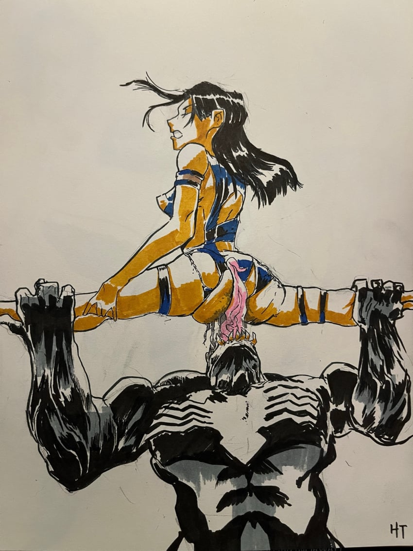 1boy 1boy1girls 1girls 2d 2d_(artwork) brixtdraws female holding_up_female licking long_hair long_hair_female long_tongue male marvel marvel_rivals psylocke psylocke_(marvel_rivals) tagme traditional_art traditional_drawing traditional_media_(artwork) venom_(marvel)