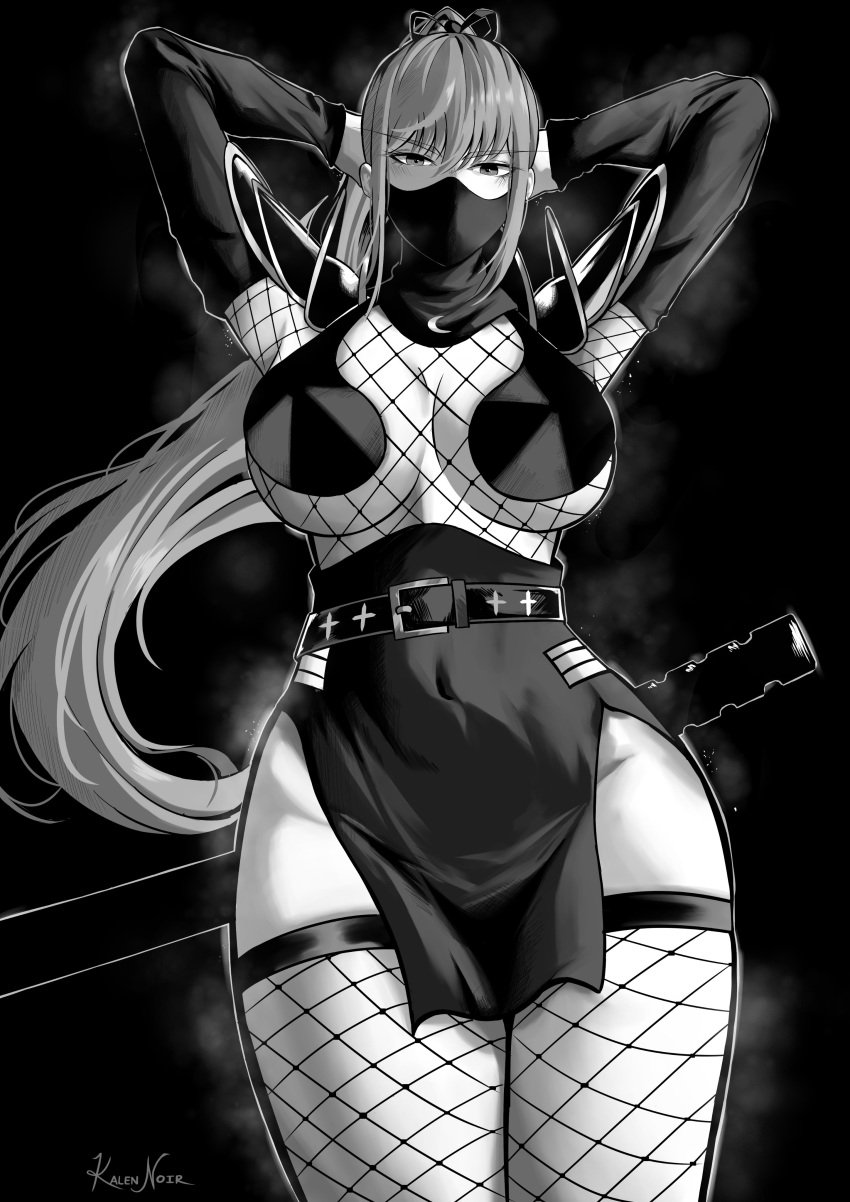 1girls armor arms_behind_head arms_up artist_name artist_signature belt black_and_white black_background breasts cleavage covered_navel covered_nipples curvaceous curvy curvy_body curvy_female curvy_figure curvy_hips fishnet_thighhighs fishnets hips mask masked masked_female monochrome one-punch_man pelvic_curtain ponytail revealing_clothes selenian_luna selenian_luna sheath sheathed shoulder_armor solo solo_female standing sword sword_behind_back thick_thighs thighhighs watermark