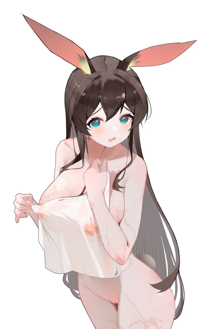 1girls absurdres alternate_breast_size amiya_(arknights) animal_ears arknights blue_eyes breasts brown_hair covered_nipples cowboy_shot female from_above highres holding holding_towel large_breasts long_hair looking_at_viewer looking_up open_mouth pussy rabbit_ears rabbit_girl rabbit_tail see-through_towel shenmi_de_xigua simple_background solo tail towel wet_towel white_background