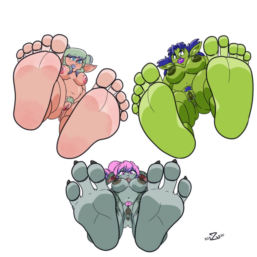 3girls asura barefoot feet foot_fetish goblin goblin_female green_skin lalafell monster_girl neophyte-zero pussy shortstack soles