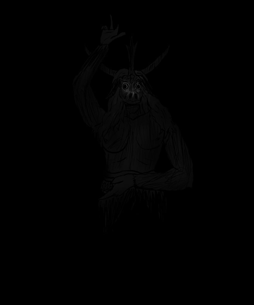 5:6 absurd_res ambiguous_gender anthro baphomet_(deity) breasts deity demon glowing glowing_eyes hair hand_above_head hell hi_res horn horror_(theme) long_ears long_hair looking_at_viewer m4n monochrome monster religion religious_symbols religious_themes satanic satanism smile smiling_at_viewer solo