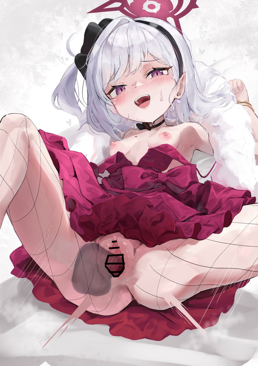 absurdres ass black_choker black_hairband blue_archive blush bow bowtie choker diu1 dress earrings feather_boa fishnets flat_chest hairband highres jewelry mutsuki_(blue_archive) mutsuki_(dress)_(blue_archive) nipples nude open_mouth pointy_ears purple_eyes pussy red_dress side_ponytail smile sweat vaginal_penetration white_hair