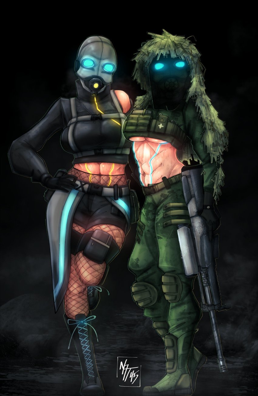 2girls abs big_breasts breasts combine combine_(half-life_series) combine_soldier female female_only fit fit_female gas_mask ghillie_suit gun half-life half-life_(series) half-life_2 mask masked masked_female midriff natsirt45 ranged_weapon sniper sniper_rifle tagme thick_thighs thighs underboob weapon