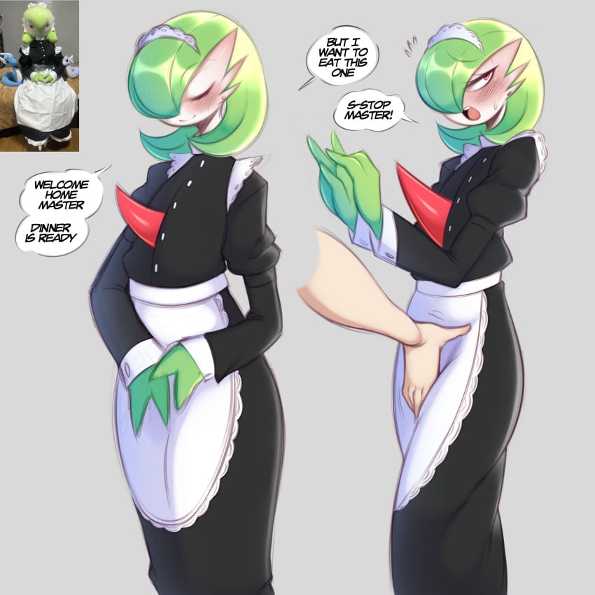 1boy 1girls blush dialogue disembodied_arm english_text female female_focus gardevoir generation_3_pokemon green_hair grey_background hi_res maid maid_headdress maid_uniform male nintendo pokemon pokemon_(species) reference_image saltyxodium smile speech_bubble touching