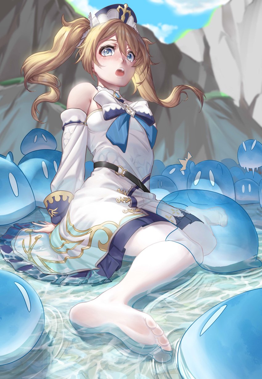 1girls absurdres arm_support barbara_(genshin_impact) bare_shoulders blonde_hair blue_eyes blue_sky blush detached_sleeves dress genshin_impact grass hair_between_eyes highres imminent_rape in_water no_shoes outdoors pantyhose partially_submerged petite petite_body petite_breasts petite_female priestess rock sitting sky slime small_breasts strap twintails water wet wet_clothes white_dress white_headwear white_pantyhose white_sleeves wow+ young young_female young_woman