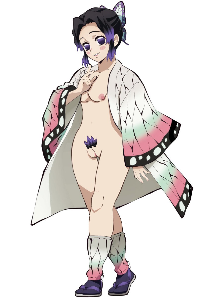 black_hair blush blush_lines demon_slayer edit edited_image edited_official_artwork japanese japanese_female kimetsu_no_yaiba kochou_shinobu normal_breasts nude nude_female pubic_hair purple_eyes purple_hair transparent_background