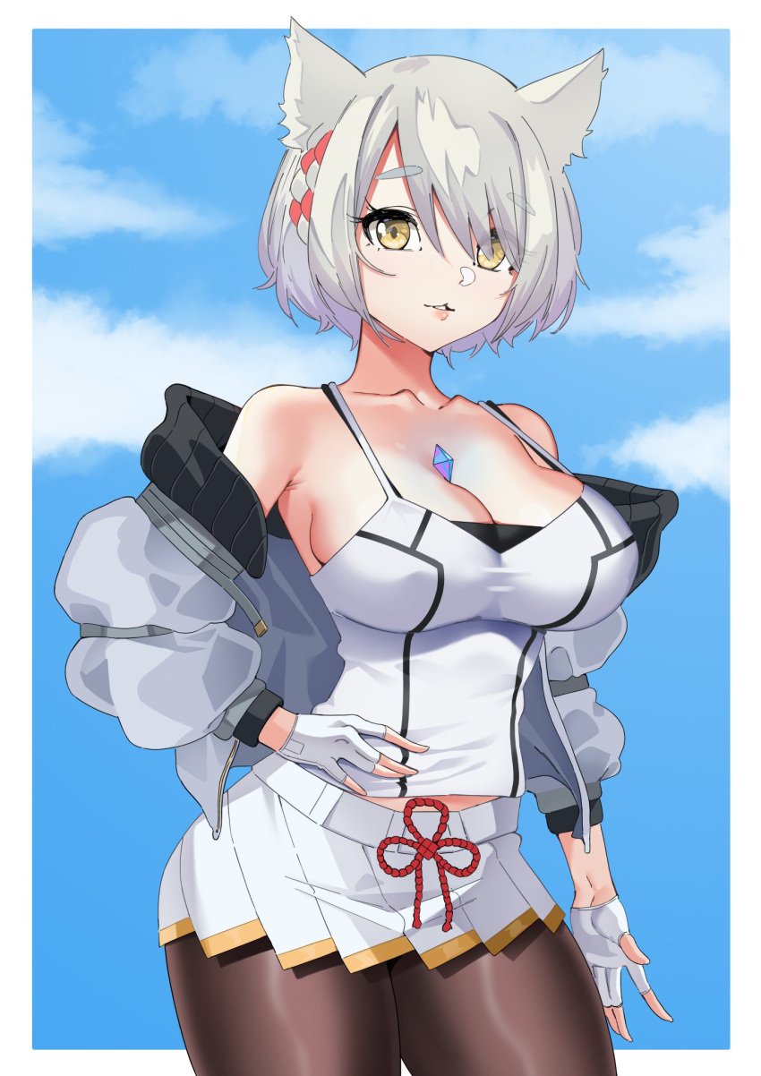 busty cat_ears catgirl cleavage commission grey_hair hair_over_one_eye hand_on_hip huge_ass huge_breasts i_am_anddo jacket large_breasts lips massive_breasts mio_(xenoblade) skirt tank_top tight_clothing tight_fit tight_skirt tights xenoblade_(series) xenoblade_chronicles_3 yellow_eyes