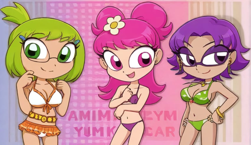 3girls ai_generated ami_onuki background bikini bracelet cartoon_network chibi color_background cute earrings female female_only flower flower_in_hair green_bikini green_hair hi_hi_puffy_amiyumi julie_hinikawa orange_bikini pink_hair png purple_bikini purple_hair sunglasses sunglasses_on_head warner_brothers yumi_yoshimura