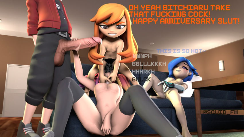 deepthroat domination group_sex holding_head kaizo_(smg4) kings_chair looking_at_another masturbation masturbation_while_looking meggy_spletzer penis precum precum_on_penis saiko_bichitaru_(smg4) saliva smg4 squid_fm strap-on strap-on_in_throat stroking_penis submissive_female switch tari_(smg4) throat_abuse throat_fuck throat_pounding used_as_an_object