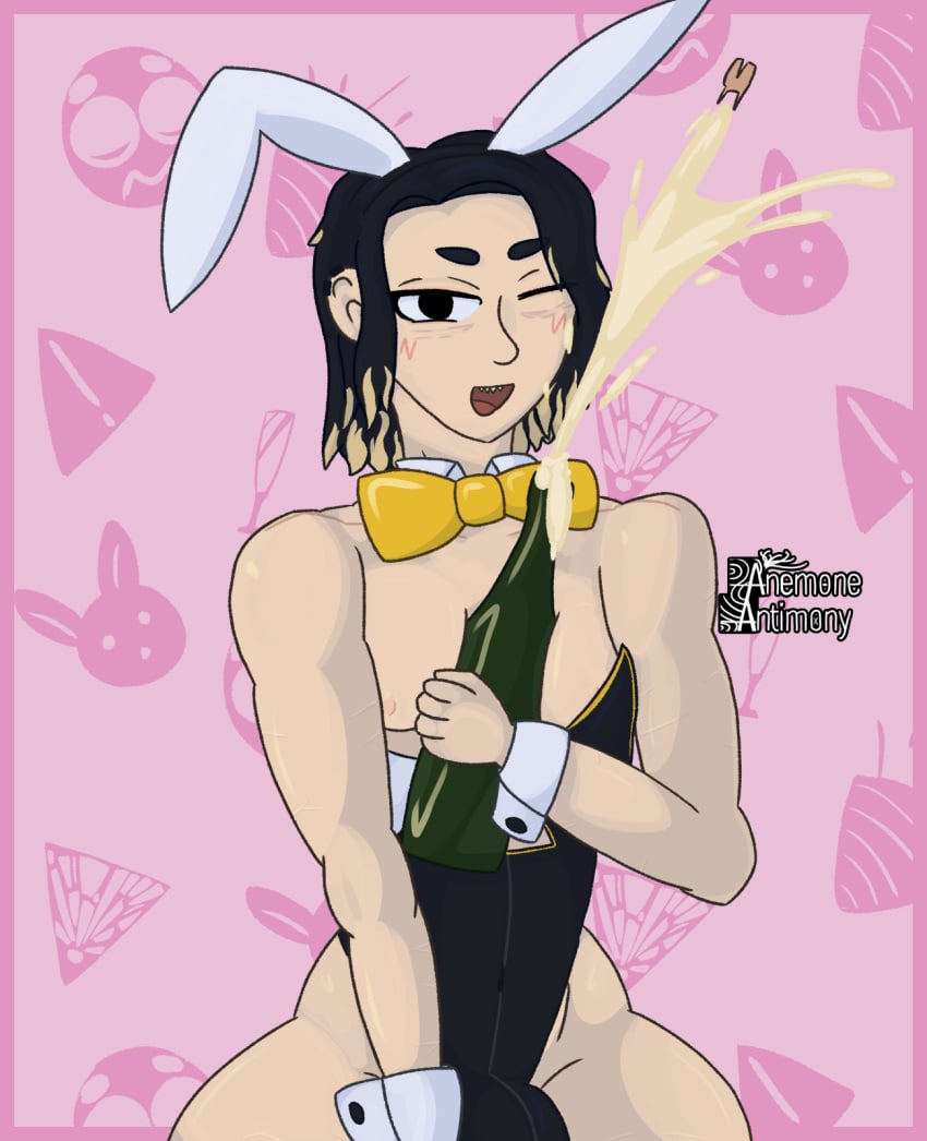 1boy 1femboy 2d 2d_(artwork) abstract_background alcohol anemone_antimony bags_under_eyes bedroom_eyes belly belly_button black_eyes black_hair blush blush_lines bottom_heavy bottom_heavy_femboy bow bowtie bulge bulge_through_clothing bunny_costume bunnysuit champagne cute dead_eyes dipstick_hair dyed_hair ear_piercing eye_bags fake_animal_ears femboy femboy_only flat_chest large_ass male male_only naizuri nipple_slip nipples object_between_breasts one_eye_closed open_mouth original original_character pale pale-skinned_male pale_skin penis pierced_ears piercing piercings scars scars_on_arm scars_on_thighs self_harm_scars self_upload sexually_suggestive sharp_teeth shiny_skin skinny solo solo_femboy solo_focus solo_male suggestive thick_thighs thin twink two_tone_hair wasp_(anemone_antimony) wide_hips wink