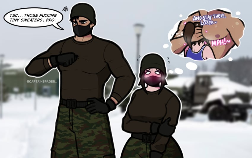 1boy 1girls big_male blush blush buff buff_male captainspades comic dan_(captainspades) embarrassed_female face_mask face_on_chest fantasizing horny horny_female imagining maggie_(captainspades) mask masked military_uniform muffled muscular muscular_male one_page_comic pecs shorter_female smothering snow taller_male thinking tight_clothing