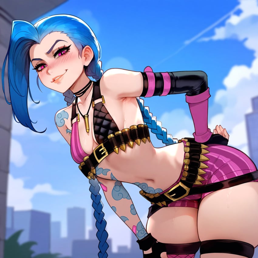 1girls ai_generated arcane belly_button bending_over bent_over blue_hair blush braid braided_hair breasts floox hand_on_hip hips jinx_(league_of_legends) league_of_legends league_of_legends:_wild_rift light-skinned_female long_hair looking_at_viewer pink_eyes riot_games small_breasts smile solo tattoo thiccwithaq_(ai_style) thick_thighs thighhighs thighs wide_hips