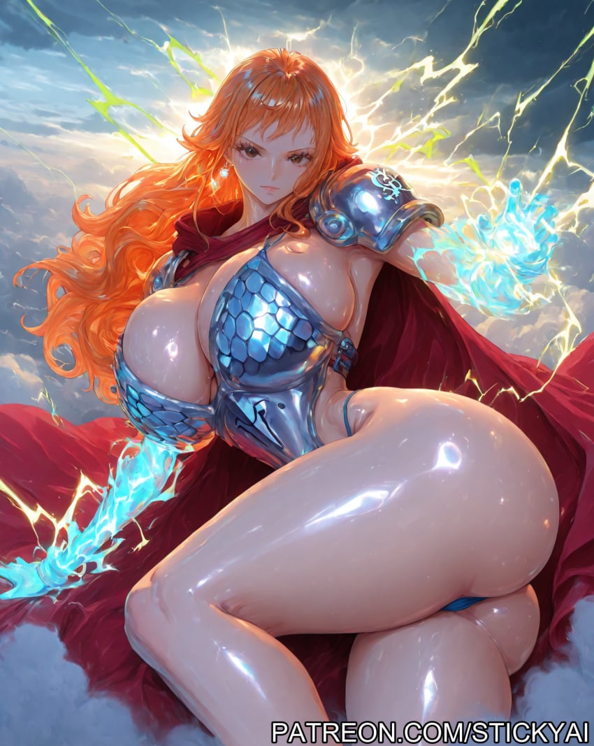 action_pose ai_generated breasts brown_eyes clothing cloud cosplay female female_only lightning nami nami_(one_piece) nsfw one_piece orange_hair stickyai storm superheroine